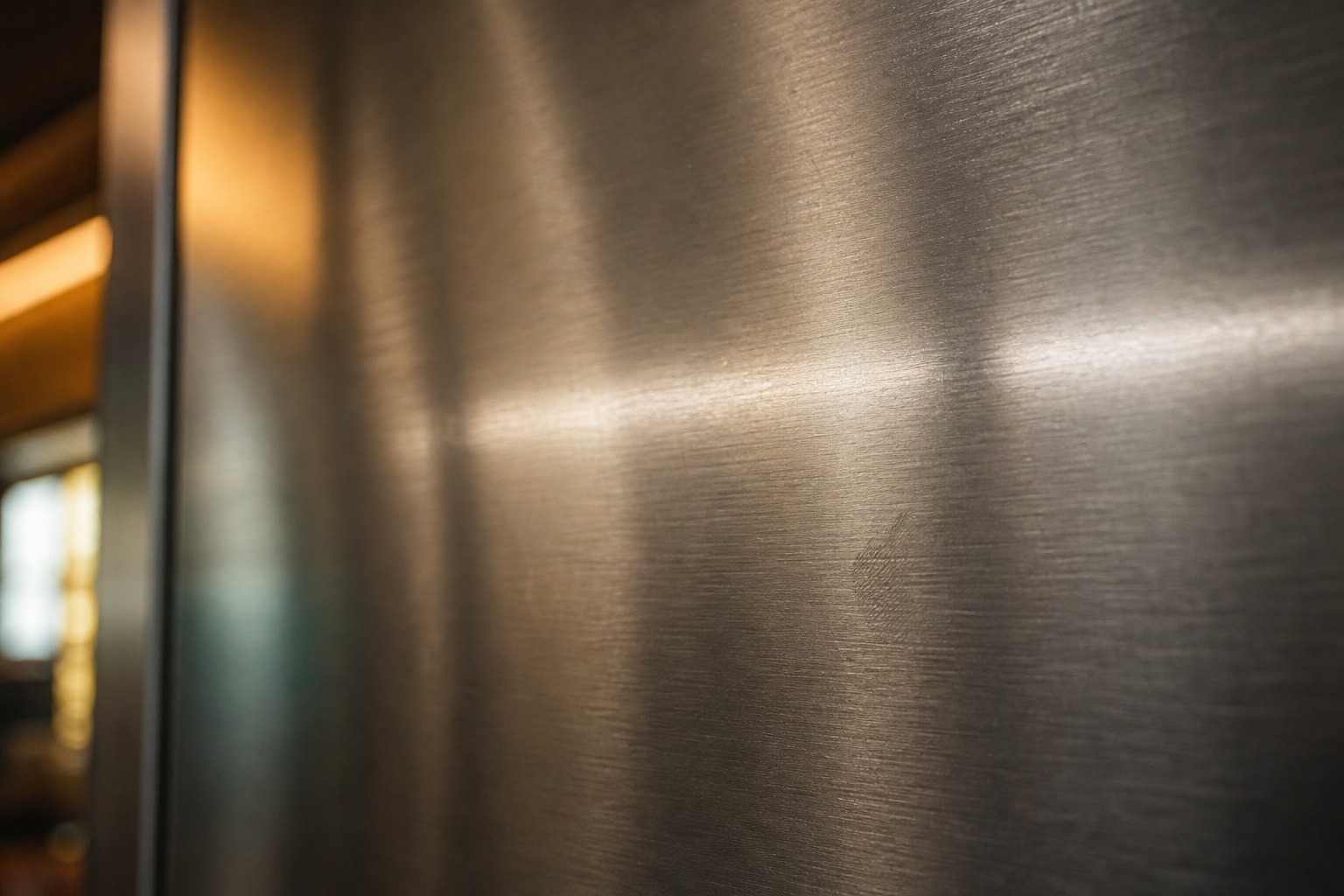 Brushed stainless Sub-Zero panel with warm reflections