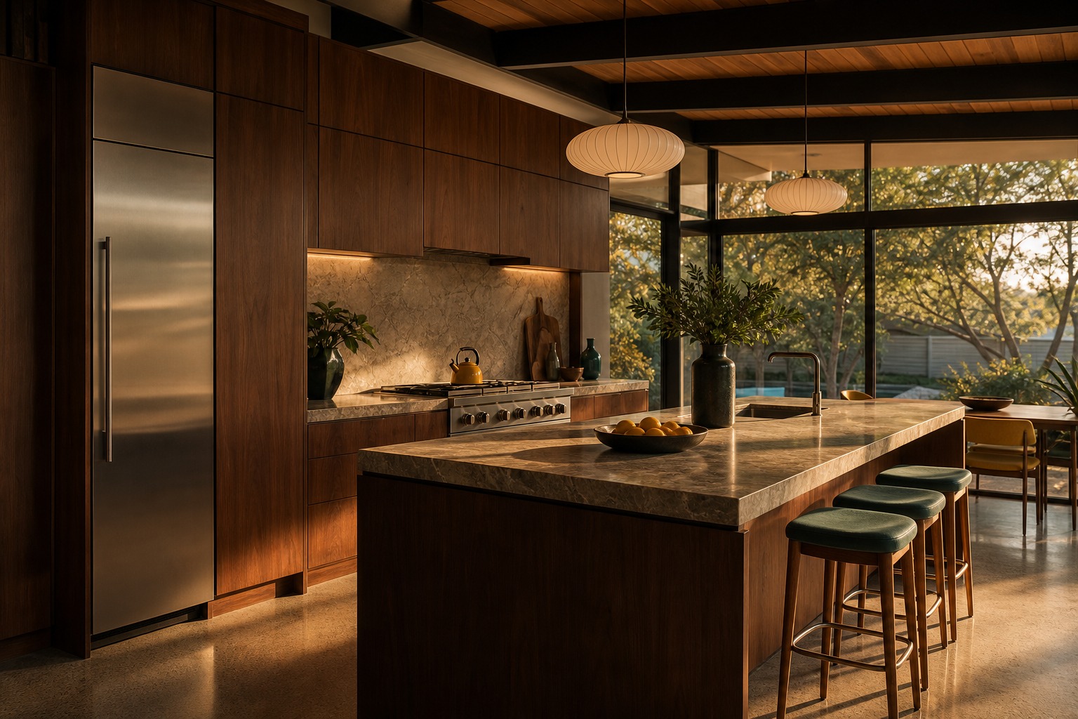 Warm mid-century Mountain View kitchen at dusk