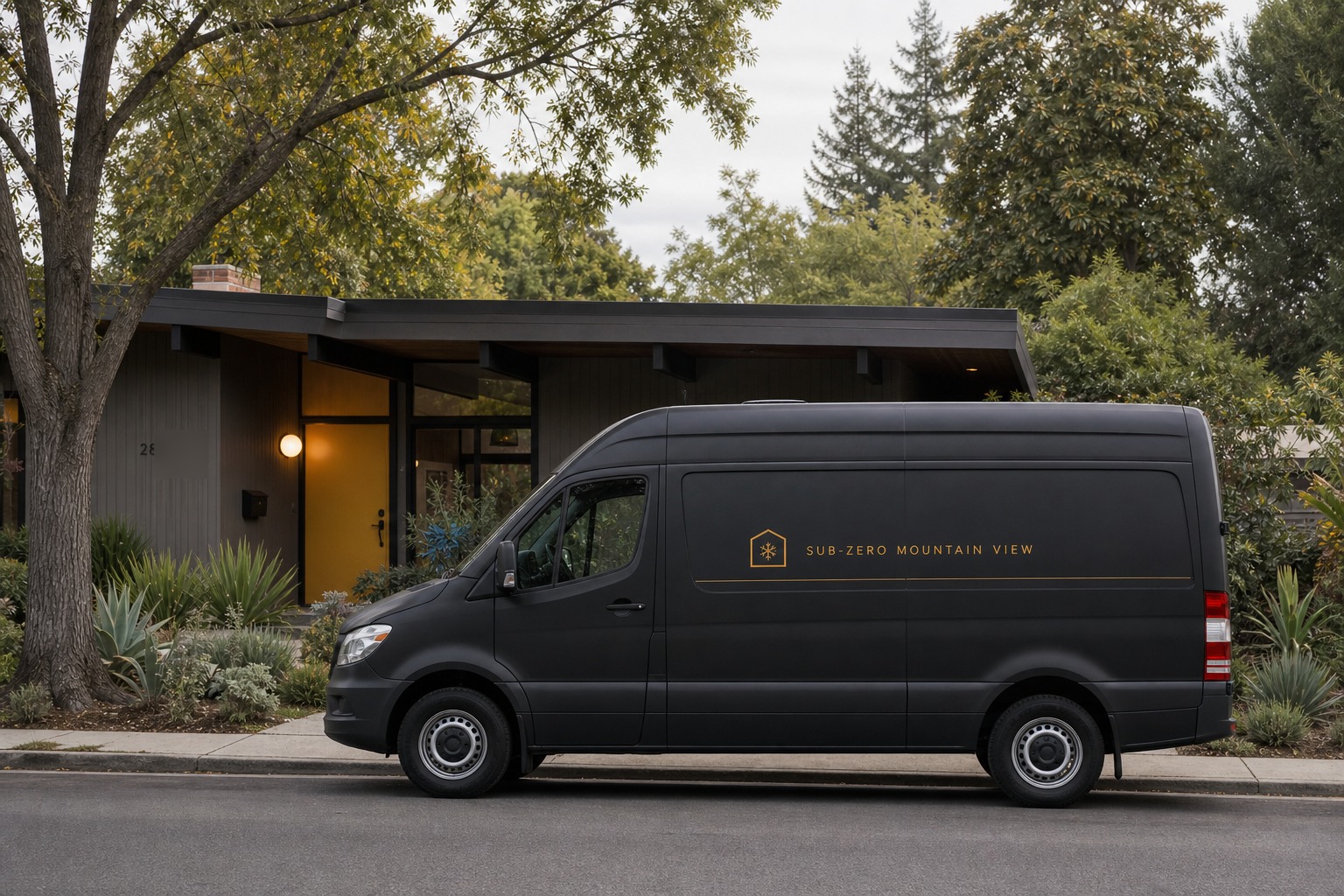 Graphite Sub-Zero Mountain View service van parked in front of an Eichler home