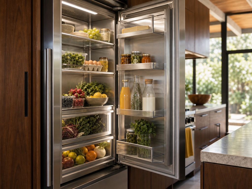 Open built-in Sub-Zero refrigerator full of food in a Mountain View kitchen