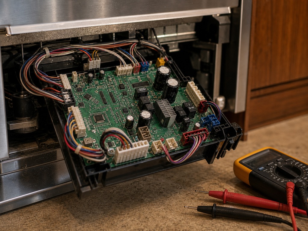 Appliance control board and wiring during a Wolf diagnostic in Mountain View