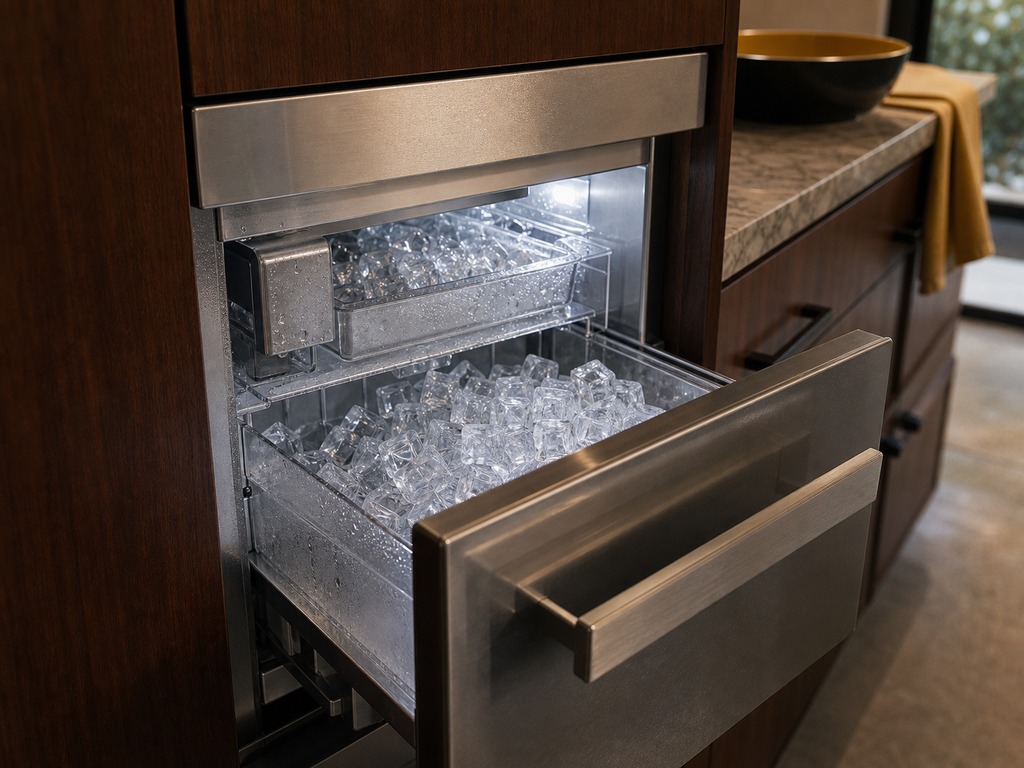 Built-in freezer drawer with a clear-ice maker full of ice cubes in Mountain View