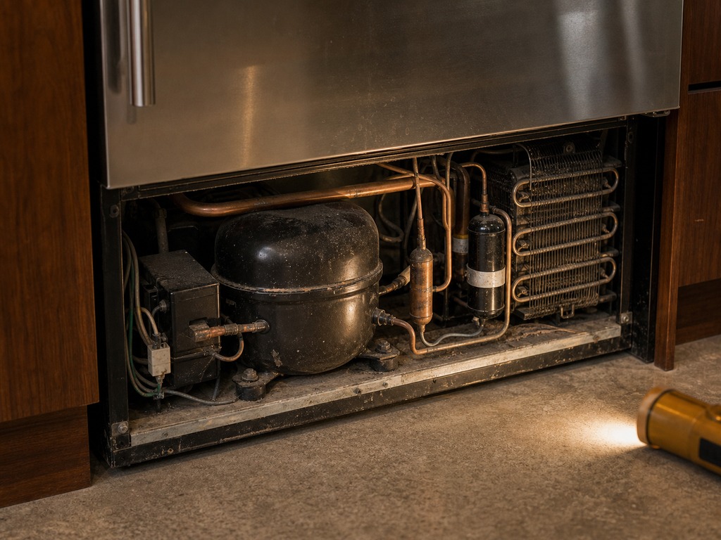 Exposed compressor, condenser coils and copper tubing of a built-in refrigerator