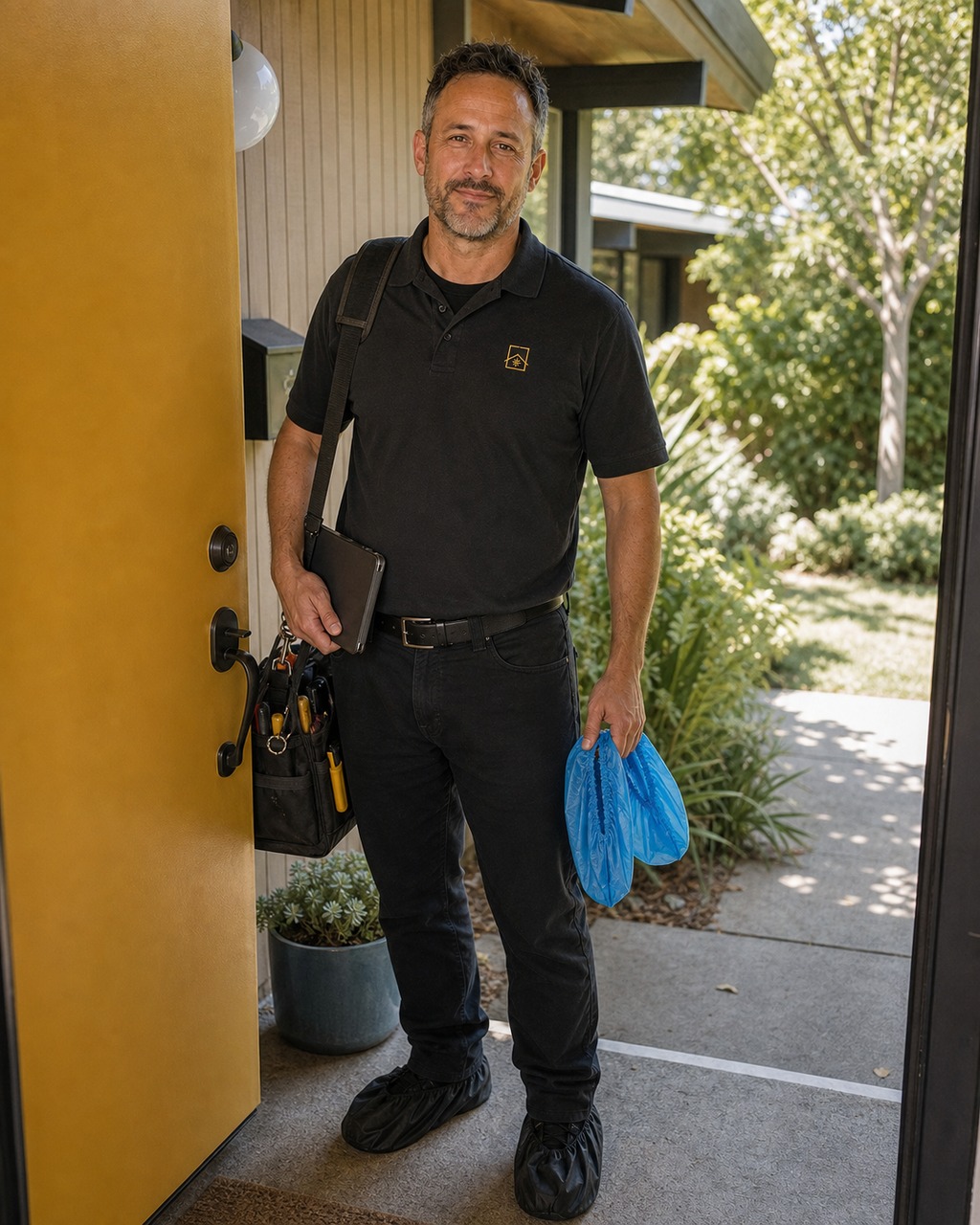Technician with shoe covers at the door of a Mountain View condo near Castro Street