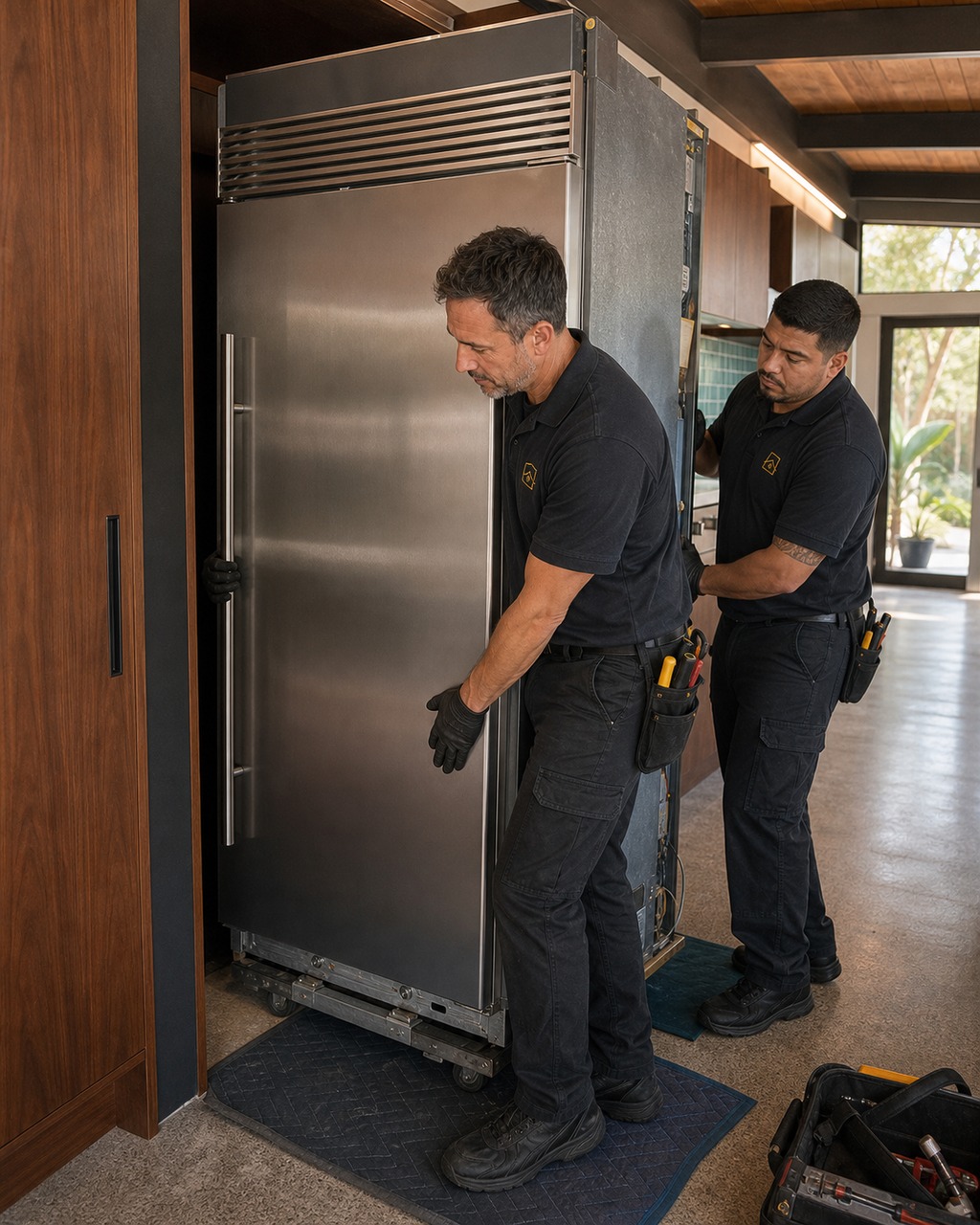 Two technicians carefully sliding a built-in refrigerator out of a narrow Monta Loma Eichler galley
