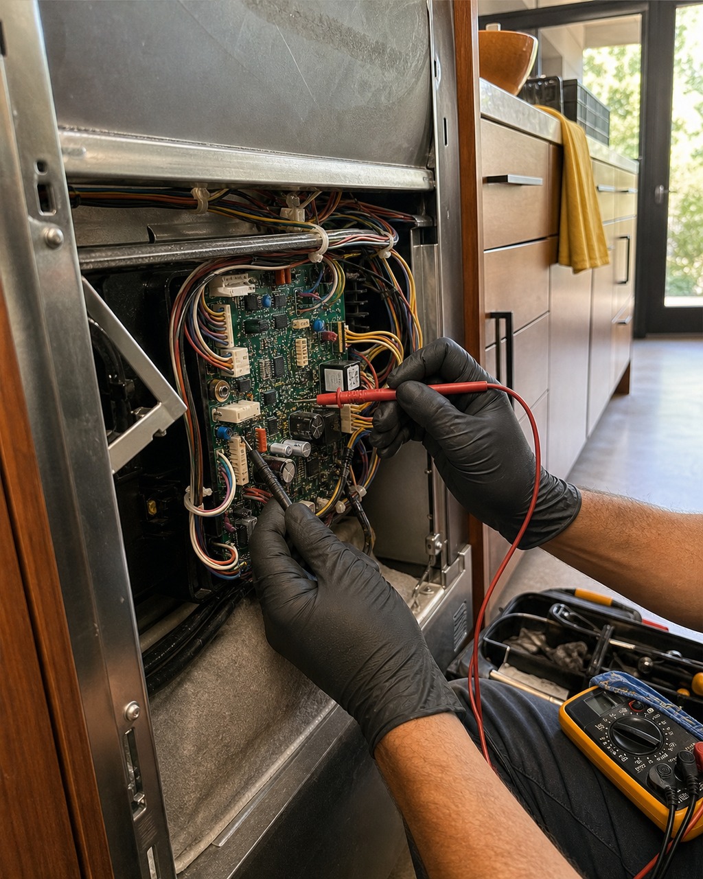 Technician probing a Sub-Zero control board during diagnostics in Mountain View