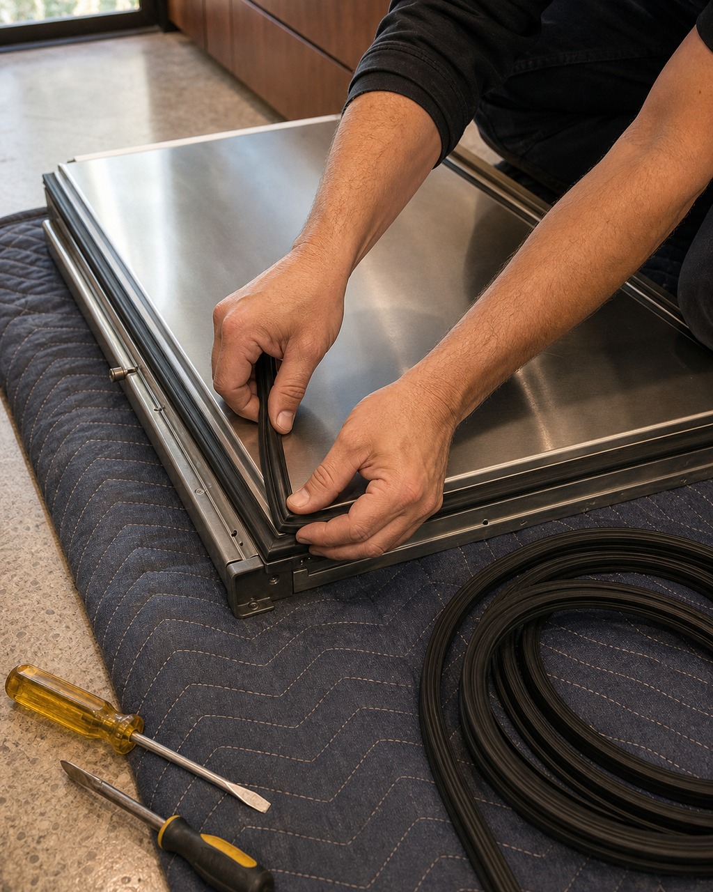 Technician fitting a new door gasket on a refrigerator door in Mountain View