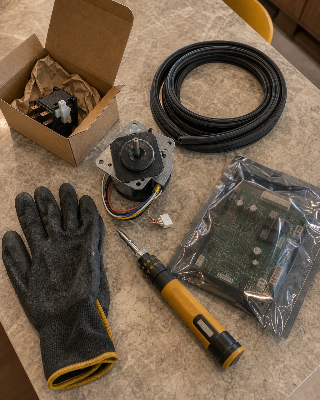 Genuine OEM Sub-Zero parts laid out on a counter