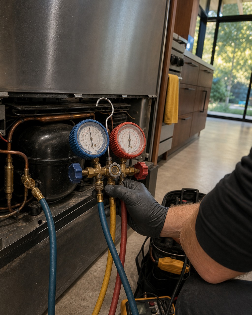 Refrigeration manifold gauges connected to a built-in Sub-Zero sealed system in Mountain View